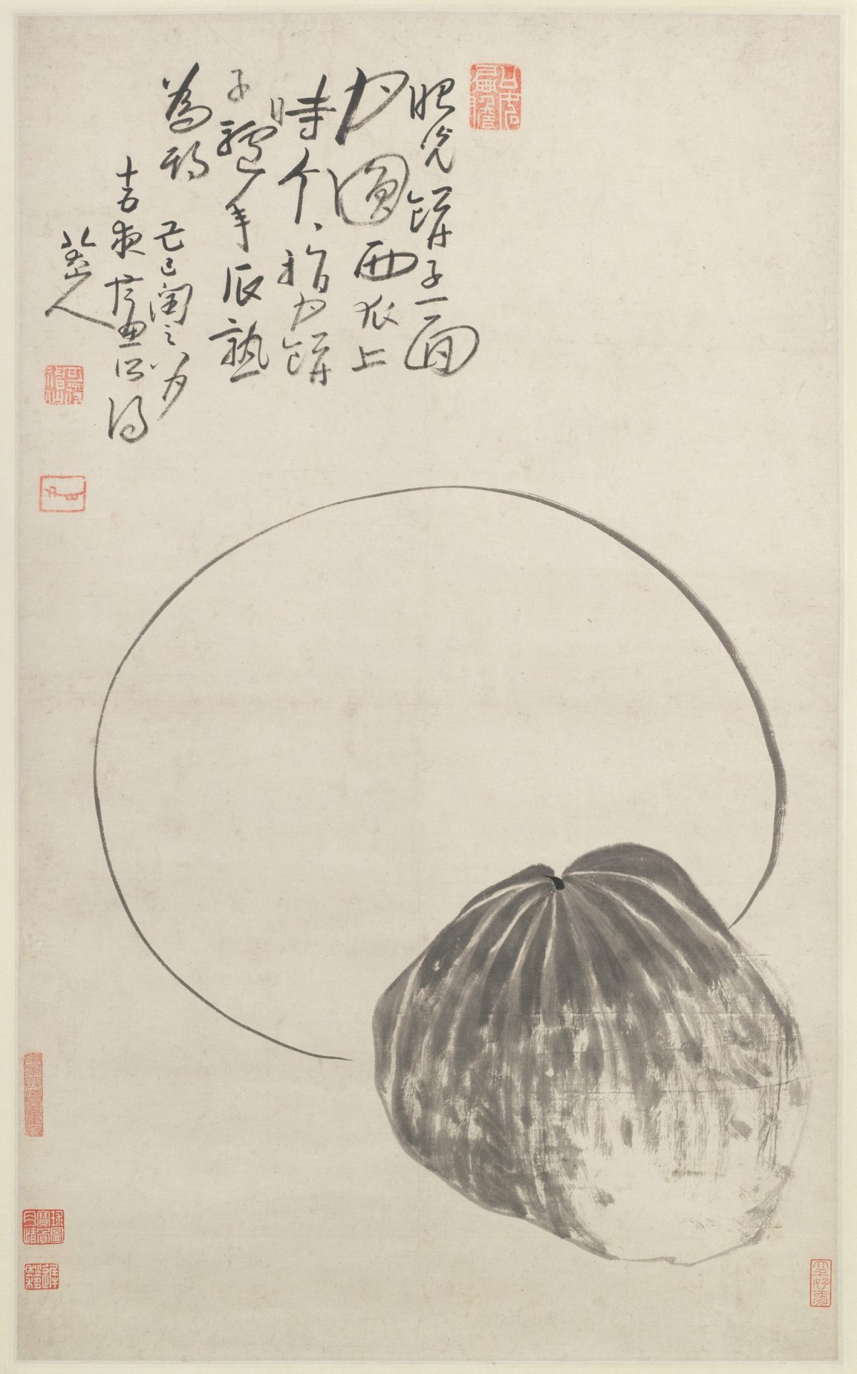 The younger brother vowed to work hard in the field in order to truly earn his melon when the time comes. (Moon and Melon; Object Number 1964.94; Harvard Art Museums/Arthur M. Sackler Museum, Gift of Earl Morse, Harvard Law School, Class of 1930; Copyright President and Fellows of Harvard College)
