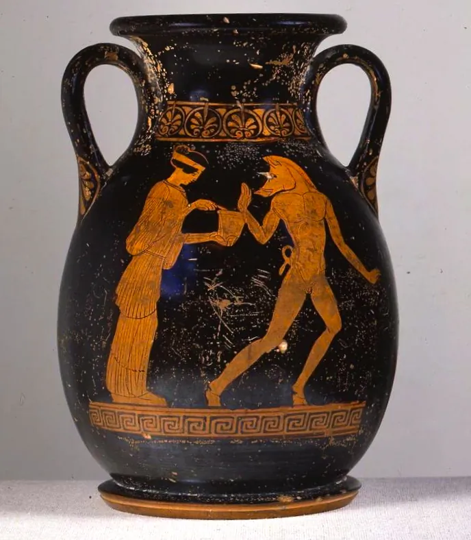 Circe and one of Odysseus’s transformed men. Athenian pelike, circa fifth century B.C.E. Staatliche Kunstammlungen Dresden. (Public Domain)