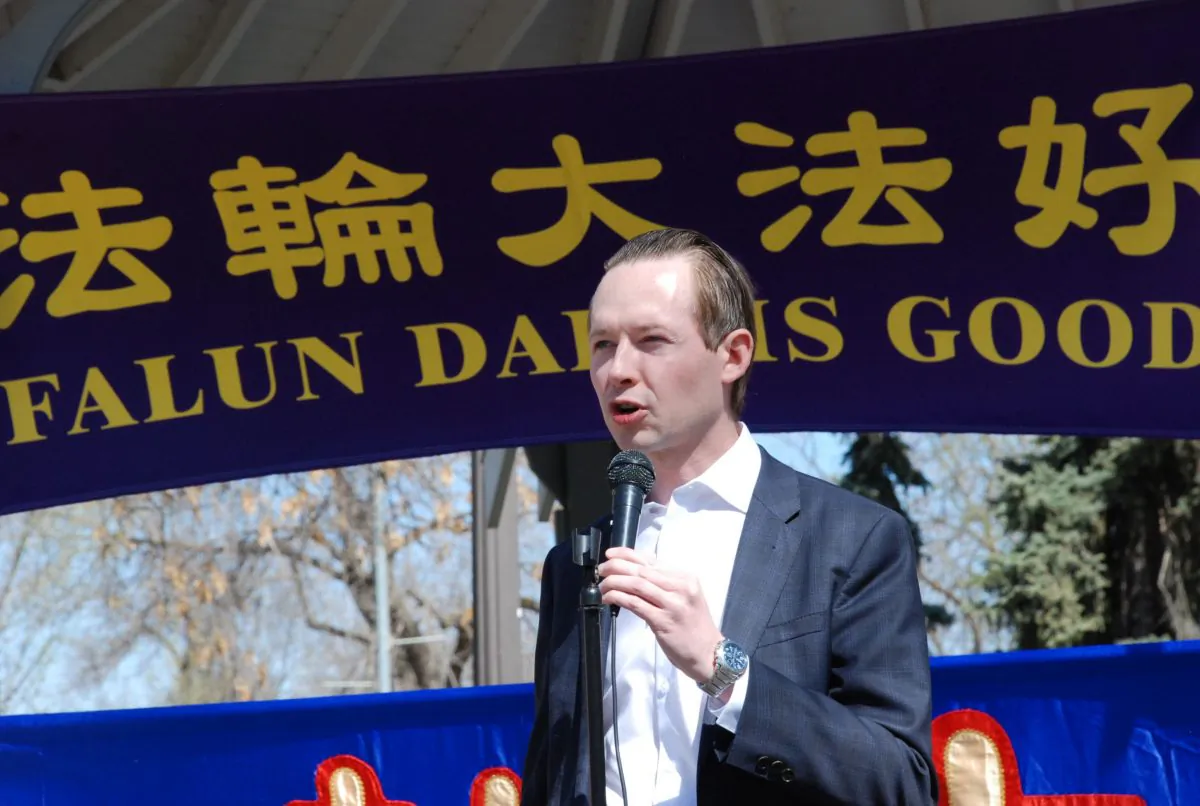 Conservative MP Michael Cooper speaks during the International Falun Dafa Day celebration in Edmonton on May 11, 2019. (Pingsan Qu/The Epoch Times)