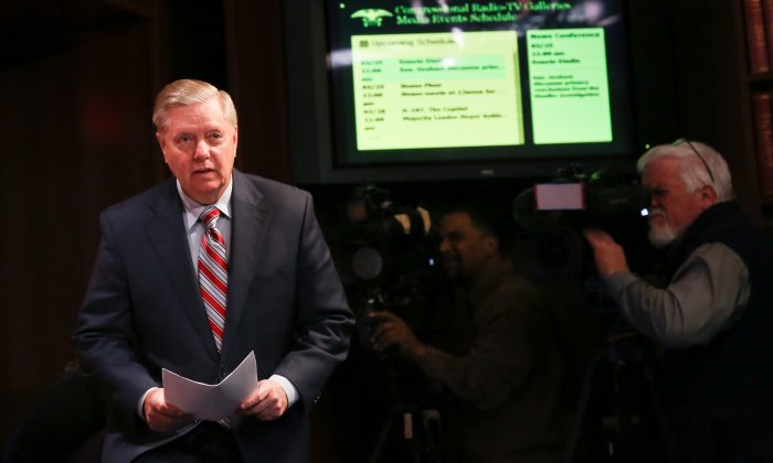 Sen. Lindsey Graham (R-S.C.) speaks to media about the Mueller report at the Capitol in Washington on March 25, 2019. (Charlotte Cuthbertson/The Epoch Times)