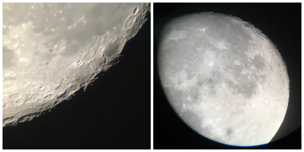 View of the moon through a telescope. (Melanie Sun/The Epoch Times)