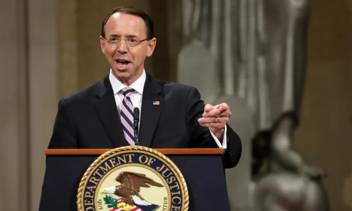 Deputy Attorney General Rod Rosenstein delivers remarks during his farewell ceremony at the Robert F. Kennedy Main Justice Building in Washington on May 09, 2019. (Chip Somodevilla/Getty Images)