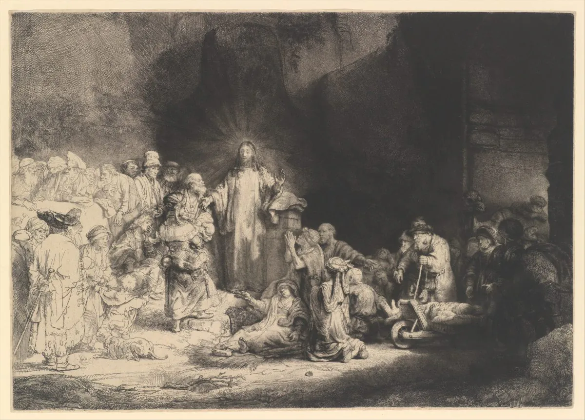 “The Hundred Guilder Print (Christ Preaching),” circa 1649, by Rembrandt van Rijn. Etching, engraving, and drypoint; second state of two. Plate: 11 inches by 15 1/2 inches. H. O. Havemeyer Collection, bequest of Mrs. H. O. Havemeyer, 1929. (The Metropolitan Museum of Art)