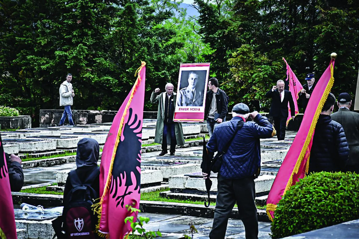 Communist supporters mark Martyrs’ Day in Tirana, Albania with communist symbols and photos of communist dictator Enver Hoxha on May 5, 2019. (Antonio Çakshiri)