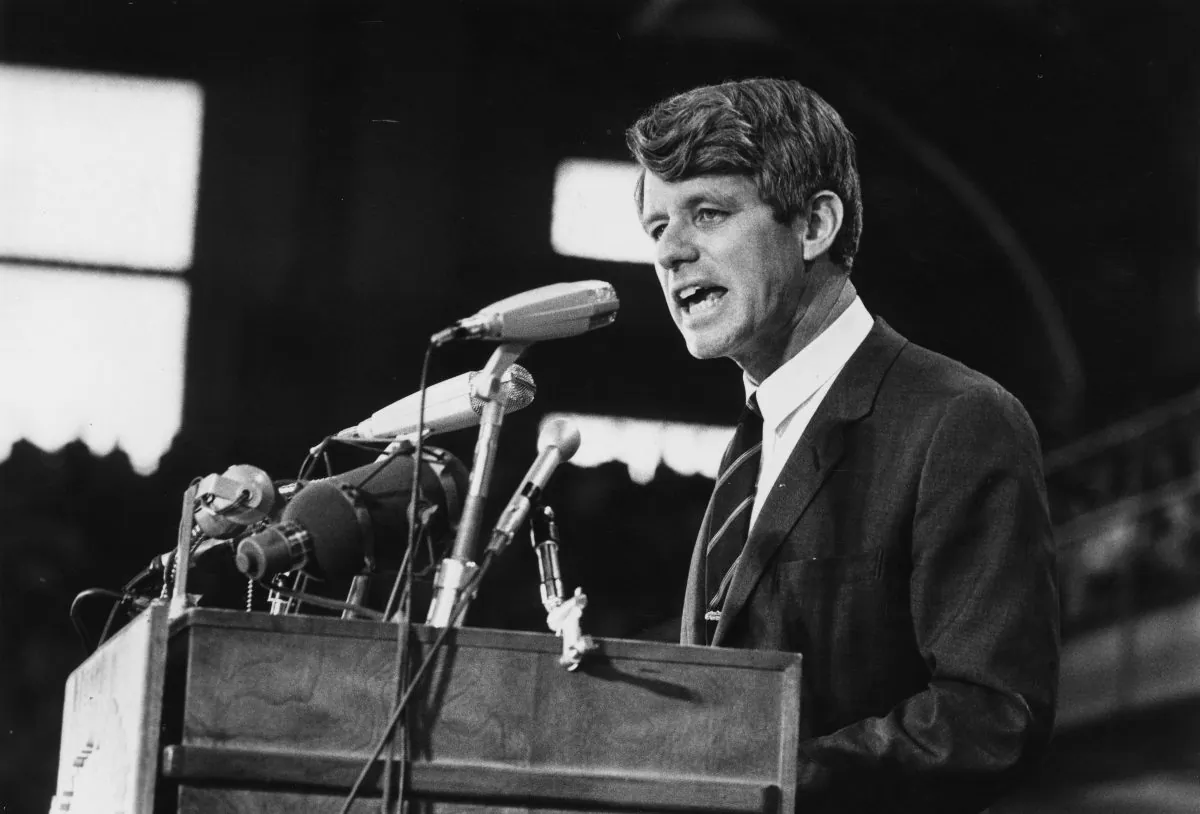 Senator Robert Kennedy speaking at an election rally in 1968. (Harry Benson/Express/Getty Images)