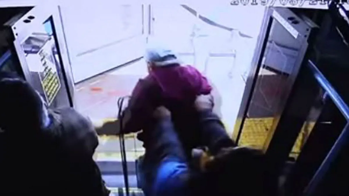 A screengrab from a surveillance video released by the police showing the moment a 24-year-old woman allegedly pushed a 74-year-old man out of a bus in Las Vegas on March 21, 2019. (Las Vegas Metropolitan Police Department)