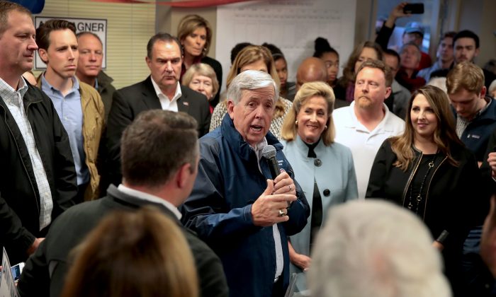 Missouri Governor Mike Parson speaks in support of Republican U.S. Senate candidate Josh Hawley during a campaign rally in St. Louis, Missouri, on Nov. 5, 2018. (Scott Olson/Getty Images)