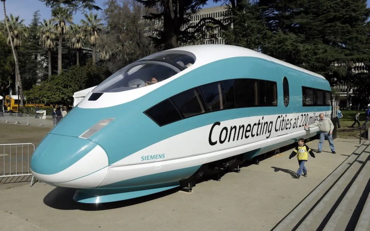 A full-scale mock-up of a high-speed train, displayed at the Capitol in Sacramento, Calif., on Feb. 26, 2015. (Rich Pedroncelli/AP Photo)
