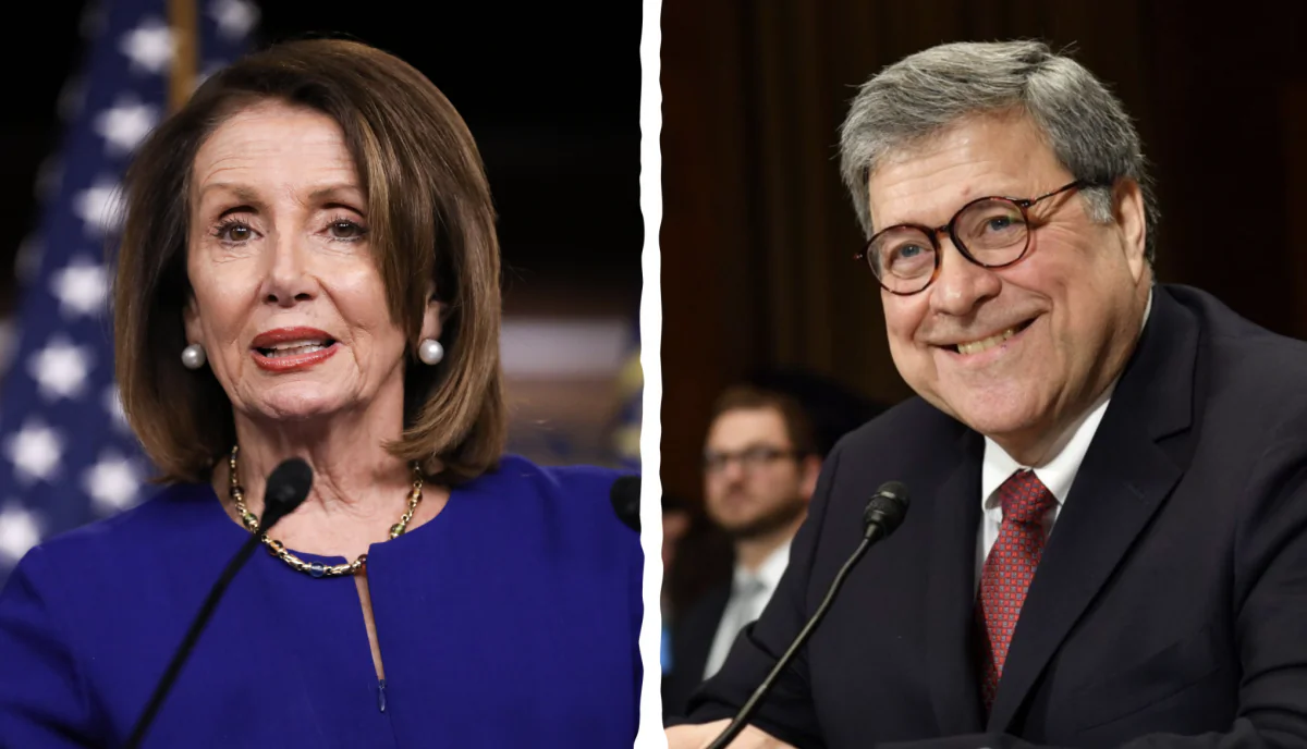 L: House Speaker Rep. Nancy Pelosi (D-Calif.) holds a press conference in the Capitol building, Washington, on March 7, 2019. (Charlotte Cuthbertson/The Epoch Times) R: U.S. Attorney General William Barr testifies before the Senate Judiciary Committee on Capitol Hill in Washington on May 1, 2019. (Nicholas Kamm/AFP/Getty Images)
