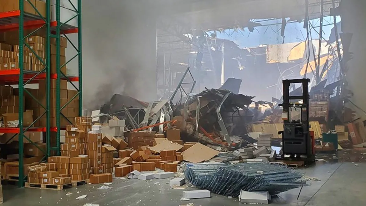 An F-16 fighter jet crashed into a warehouse just off March Air Reserve Base in Perris, Calif. on May 16, 2019. (Riverside County Sheriff's Office)