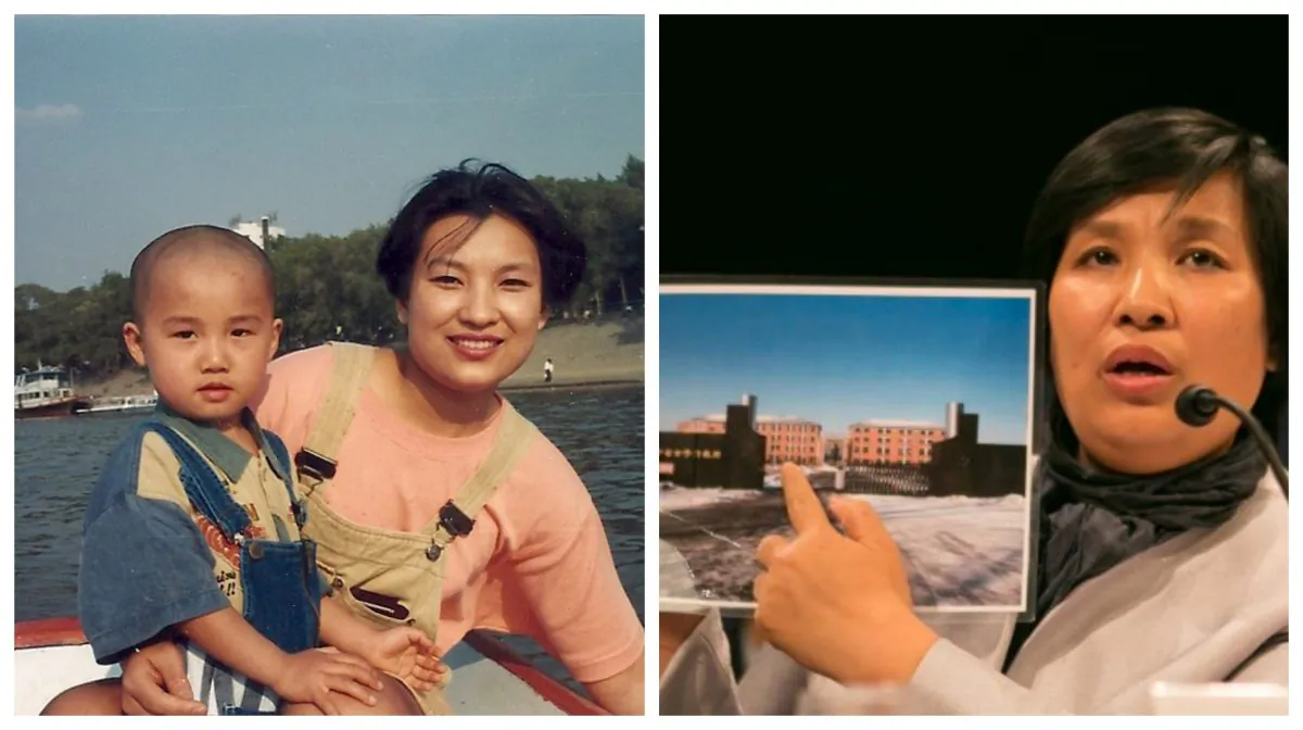 Yin Liping (L) and her son before the persecution against Falun Gong adherents began in 1999. (R) Yin Liping holds up a picture of Masanjia Forced Labor Camp at a hearing in Washington on April 14, 2016. (Lisa Fan/The Epoch Times; Minghui.org)