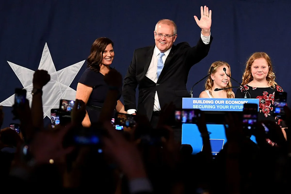 Australia's Prime Minister Scott Morrison with wife Jenny, children Abbey and Lily after winning the 2019 Federal Election, at the Federal Liberal Reception at the Sofitel-Wentworth hotel in Sydney, Australia, May 18, 2019. (AAP Image/Dean Lewins/via Reuters)