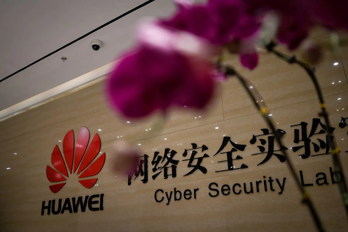 A Huawei logo is seen at the entrance of the Huawei Cyber Security Lab at a Huawei production base during a media tour in Dongguan City, Guangdong Province, China, on March 6, 2019. (WANG ZHAO/AFP/Getty Images)
