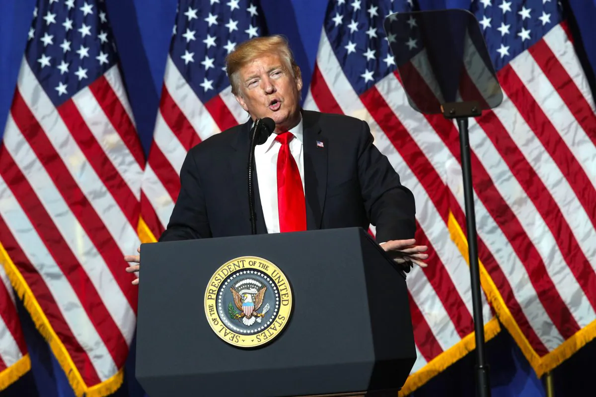 President Donald Trump addresses the National Association of Realtors Legislative Meetings Trade Expo May 17, 2019 in Washington. (Alex Wong/Getty Images)