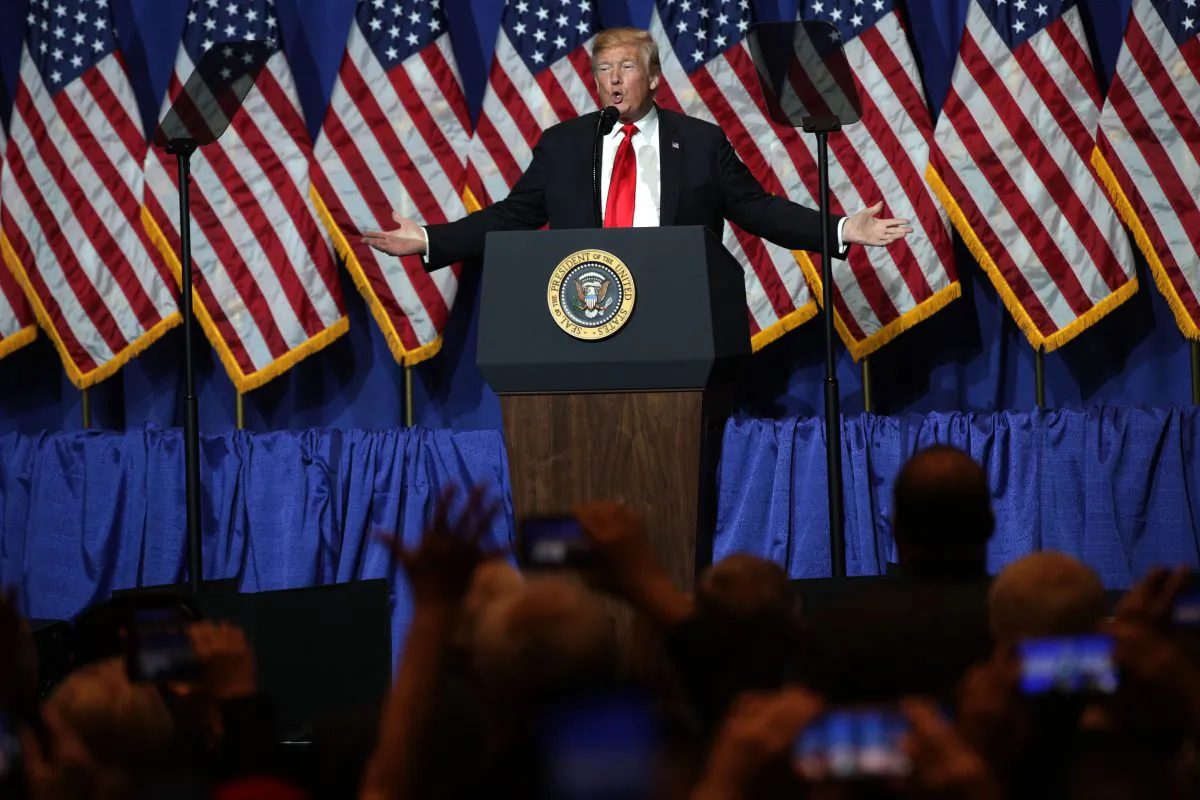 President Donald Trump addresses the National Association of Realtors Legislative Meetings Trade Expo May 17, 2019 in Washington. (Alex Wong/Getty Images)