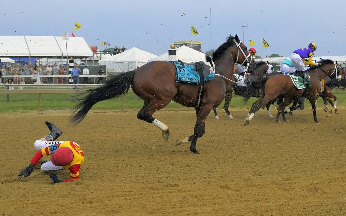 Jockey John Velazquez falls off Bodexpress (9) as the field breaks from the starting gate in the 144th Preakness Stakes at Pimlico Race Course in Baltimore, on May 18, 2019. (John McDonnell/The Washington Post via AP)