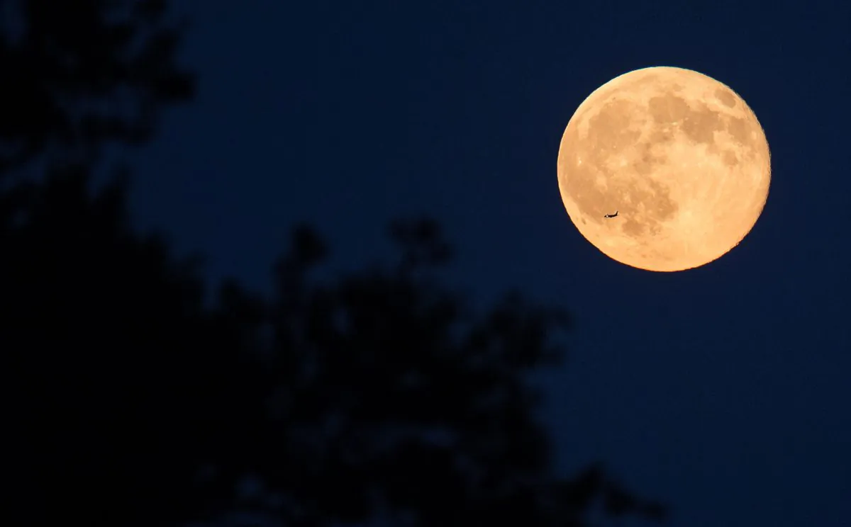A plane flies in front of a full moon in Arlington, Va., on July 31, 2015. (NASA/Joel Kowsky)