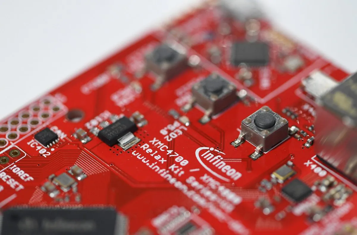 A close-up of the Infineon microcontroller kit  XMC 4700 at an exhibition during the semiconductor manufacturer Infineon's annual shareholder meeting in Munich, Germany on Feb. 21, 2019. (Andreas Gebert/Reuters)