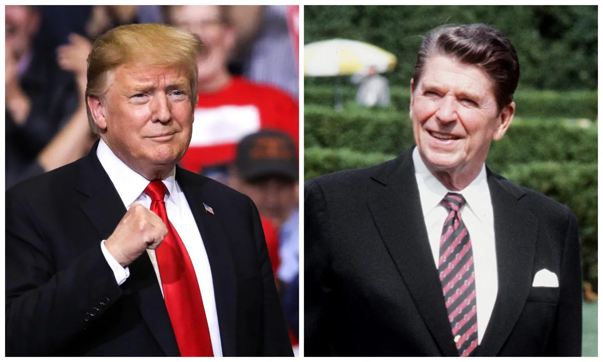 President Donald Trump at a MAGA rally in Grand Rapids, Mich., on March 28, 2019, and President Ronald Reagan in Ottawa, Canada, on July 18, 1981. (Charlotte Cuthbertson/The Epoch Times and Georges Bendrihem/AFP/Getty Images)