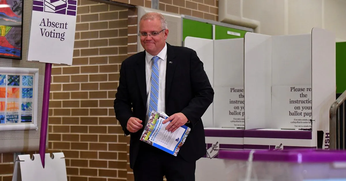 Australian Prime Minister Scott Morrison casts his vote on Election day, at Lilli Pilli Public School, in Sydney on 18 May, 2019. (Mick Tsikas/AAP/via Reuters)