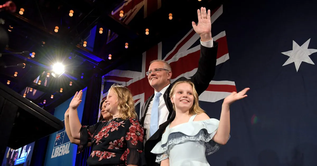Prime Minister of Australia and leader of the Liberal Party Scott Morrison, flanked by his wife Jenny Morrison and daughters Lily Morrison and Abbey Morrison, delivers his victory speech at the Sofitel Sydney Wentworth in Sydney, Australia on May 18, 2019.