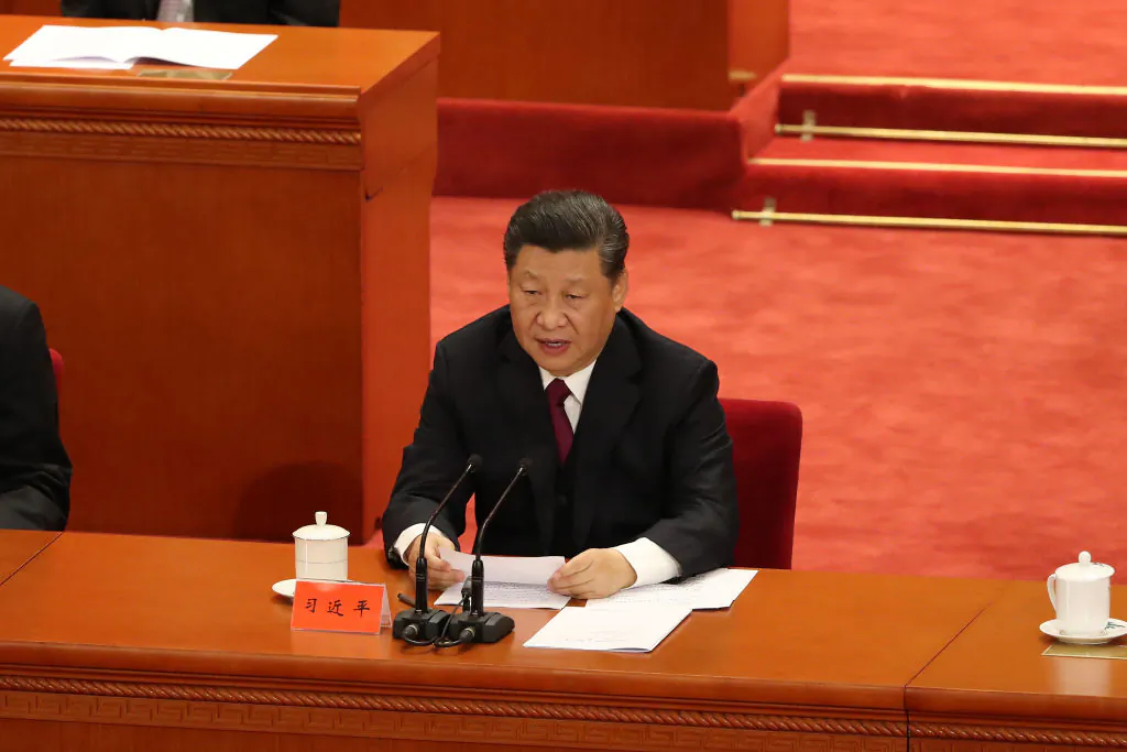 Chinese leader Xi Jinping delivers a speech at The Great Hall of The People in Beijing on April 30, 2019. (Andrea Verdelli/Getty Images)