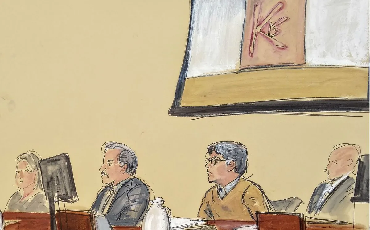 In this courtroom artist's sketch, Keith Raniere, second from right, leader of the secretive group NXIVM, attends his trial in Brooklyn federal court on May 7, 2019, in New York. (Elizabeth Williams via AP)