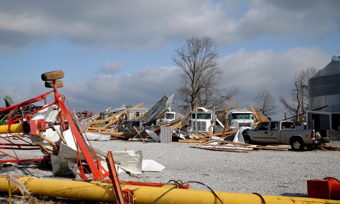 The entire barn that housed the vehicles on the Huber family's farm on route 51 was completely blown away by a tornado  in Perryville, Mo., on March 1, 2017. (Jon Durr/Getty Images)