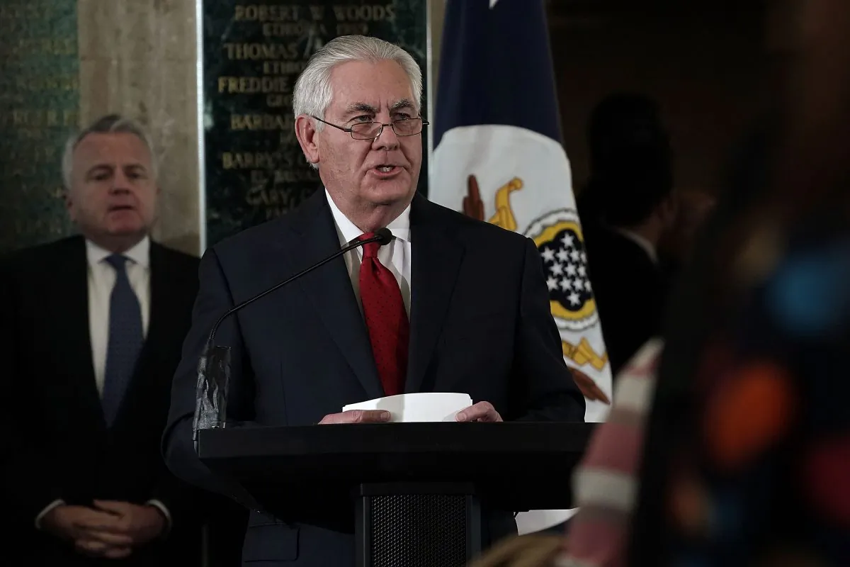 Former Secretary of State Rex Tillerson gives farewell remarks to State Department employees at the State Department in Washington on March 22, 2018. (Alex Wong/Getty Images)