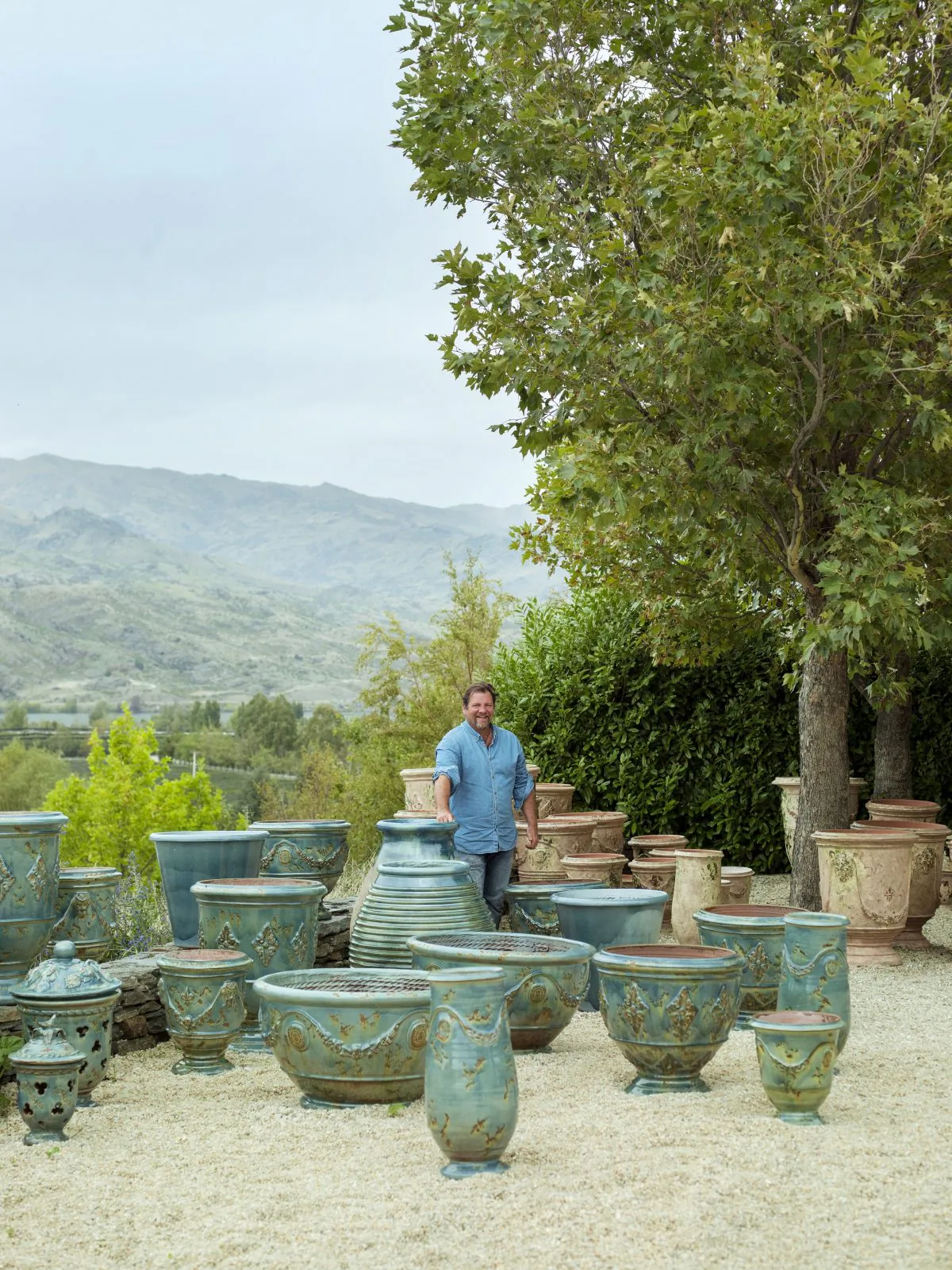 "The French Potter," Yannick Fourbet, with a selection of his horticultural pots at his home on the "Domaine Rewa" vineyard on New Zealand's South Island. (Rachael McKenna)