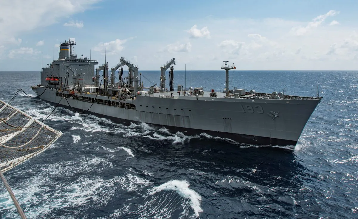 Military Sealift Command fleet replenishment oiler USNS Walter S. Diehl (T-AO 193) pulls alongside hospital ship USNS Mercy (T-AH 19) to deliver supplies and mail by a connected replenishment in the South China Sea on Aug. 15, 2016. ( U.S. Marine Corps photo by Sgt. Brittney Vella/Handout via Reuters)