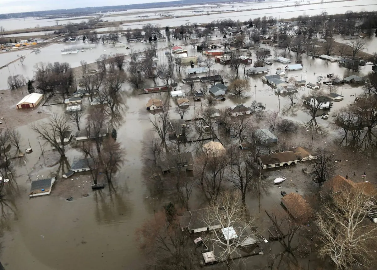 Flood damage is shown in this aerial photo in Percival, Iowa, on March 29, 2019. (Tom Polansek/Reuters)