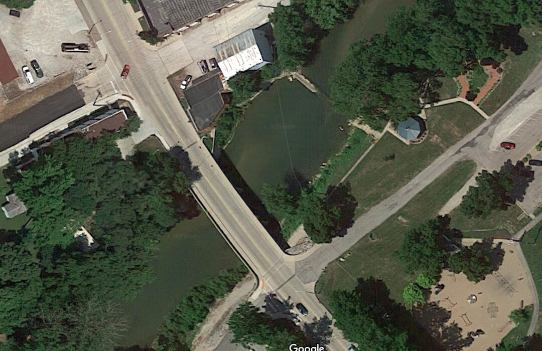 Deer Creek passes under a bridge at Riley Park in Delphi. (Screenshot/Googlemaps)