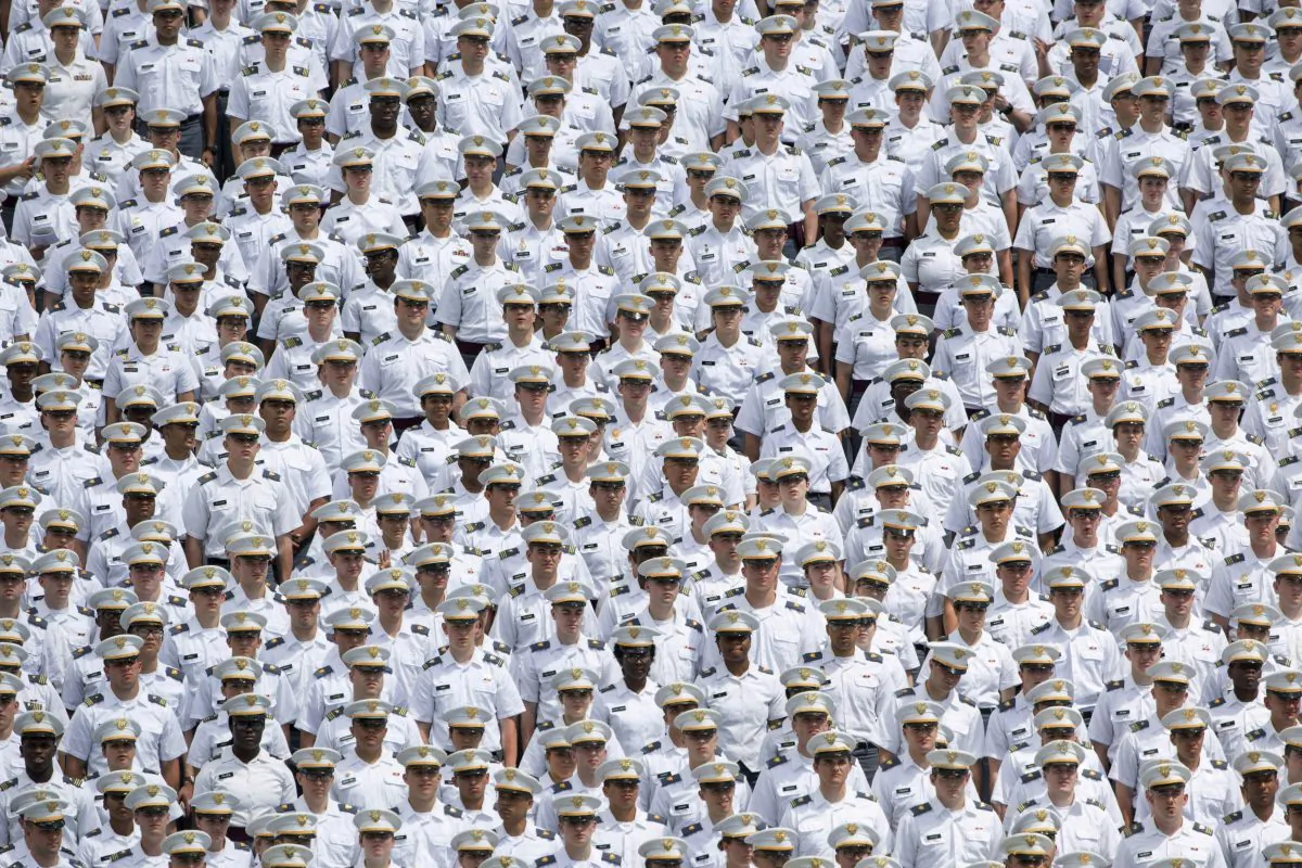 West Point cadets listen to Vice President Mike Pence speak during graduation ceremonies at the United States Military Academy, in West Point, N.Y., on May 25, 2019. (Julius Constantine Motal/AP Photo)