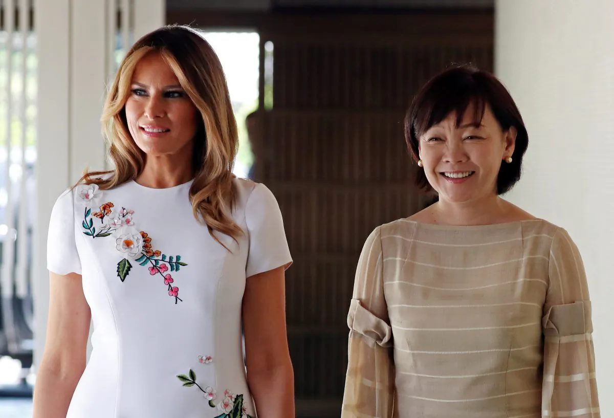 First Lady Melania Trump and Akie Abe, wife of Japanese Prime Minister Shinzo Abe, smile while walking together at Akasaka State Guest House in Tokyo, Japan on May 27, 2019. (Athit Perawongmetha/Reuters)