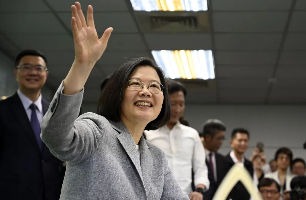 Taiwan's President Tsai Ing-wen waves while registering as the ruling Democratic Progressive Party (DPP) 2020 presidential candidate at the party's headquarter in Taipei on March 21, 2019. (Sam Yeh/AFP/Getty Images)