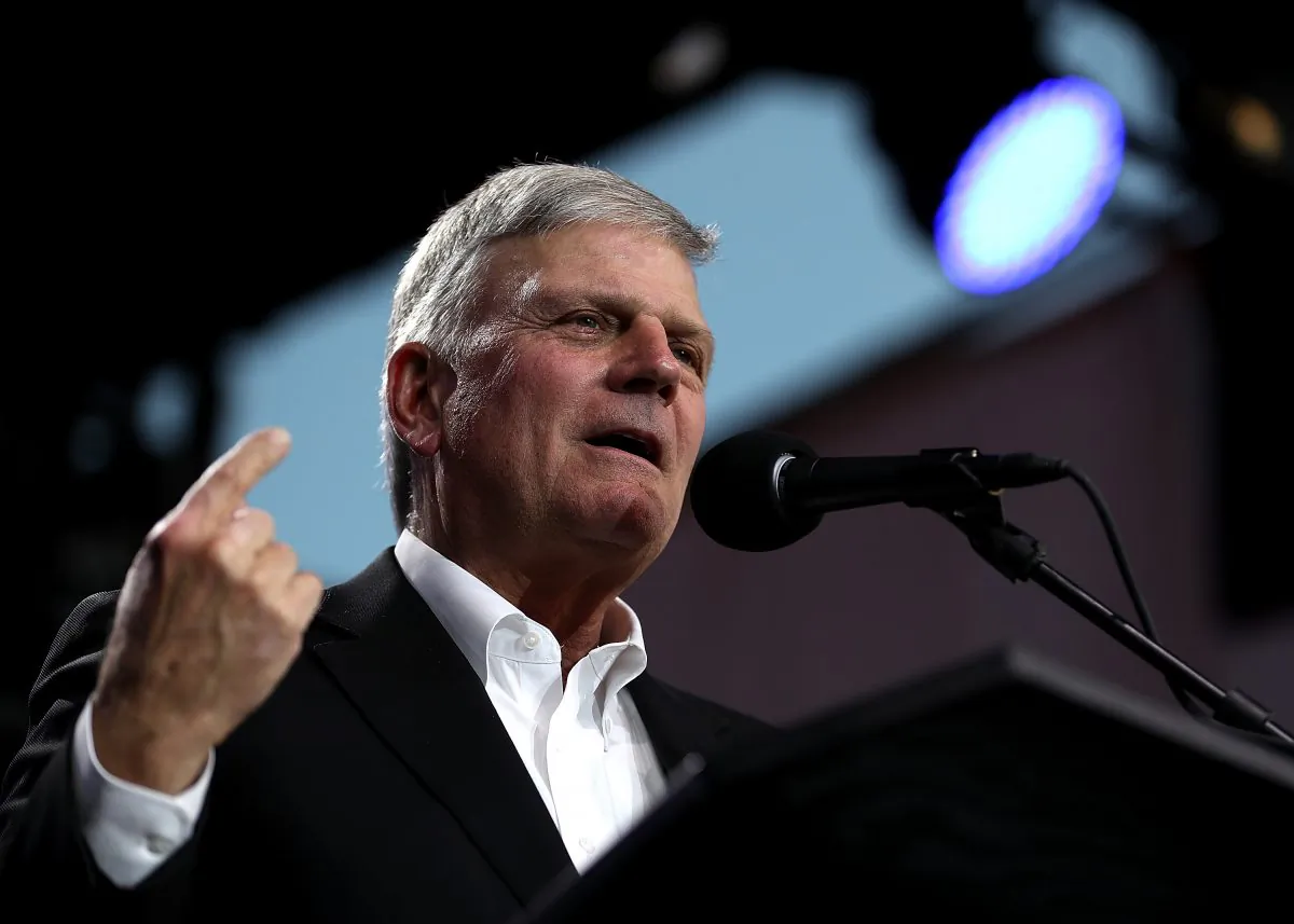 Rev. Franklin Graham speaks during Franklin Graham's "Decision America" California tour at the Stanislaus County Fairgrounds in Turlock, California on May 29, 2018. (Justin Sullivan/Getty Images)