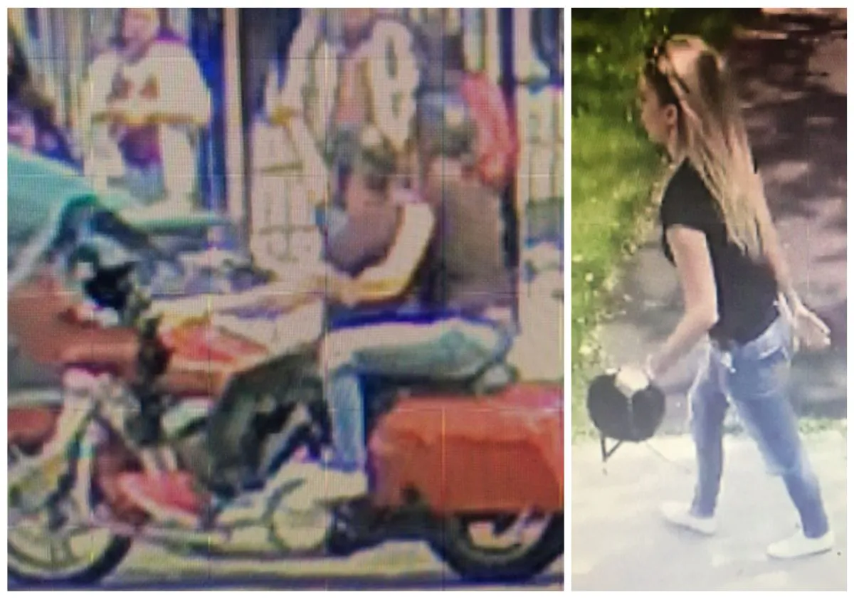 A security camera image of suspects on a motorcycle (L) and a security camera image of the passenger (R)  wanted in a hit and run collision on May 26, 2019. (Toronto Police Service)