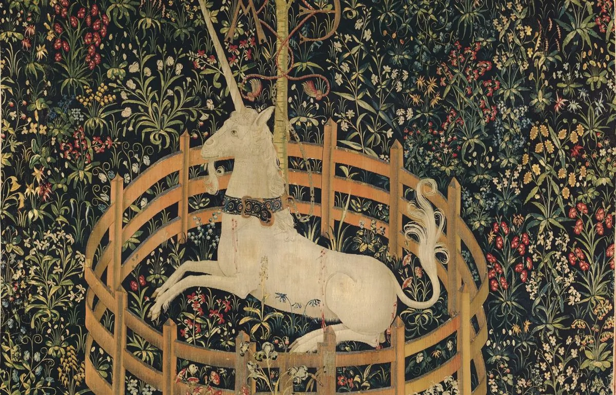 Detail of “The Unicorn in Captivity,” 1495–1505, South Netherlandish. Wool warp with wool, silk, silver, and gilt wefts; 144 7/8 inches by 99 inches. Gift of John D. Rockefeller Jr., 1937, The Met Cloisters. (The Metropolitan Museum of Art )