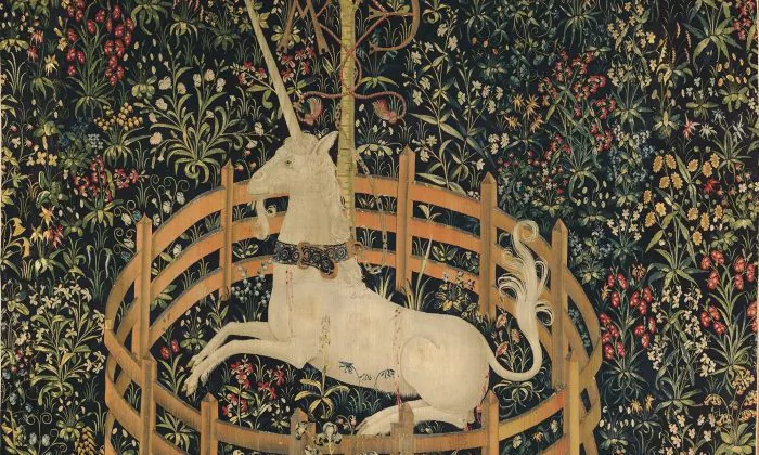 Detail of “The Unicorn in Captivity,” 1495–1505, South Netherlandish. Wool warp with wool, silk, silver, and gilt wefts; 144 7/8 inches by 99 inches. Gift of John D. Rockefeller Jr., 1937, The Met Cloisters. (The Metropolitan Museum of Art )