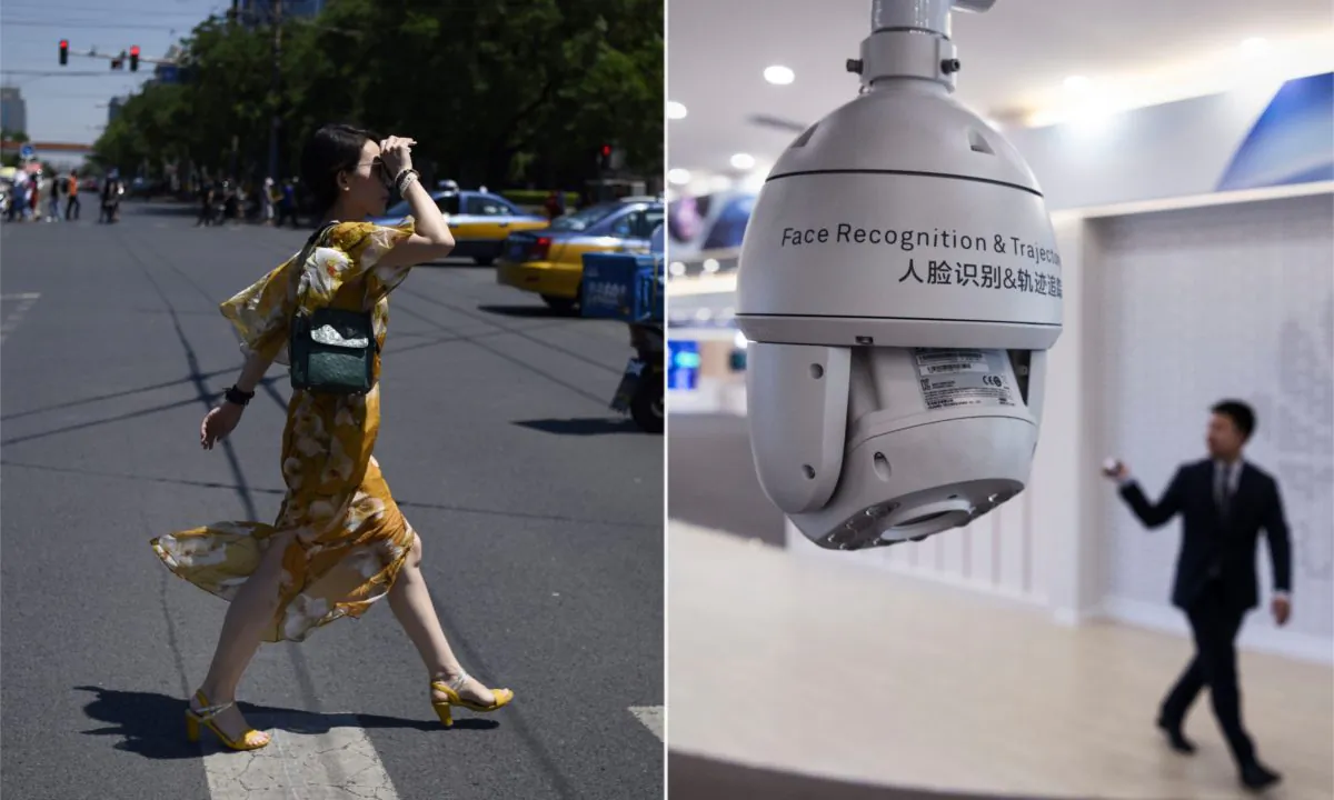 (L) A woman crossing the street in Beijing. (Wang Zhao/AFP/Getty Images) | (R) A Chinese facial recognition camera. (Kevin Frayer/Getty Images)