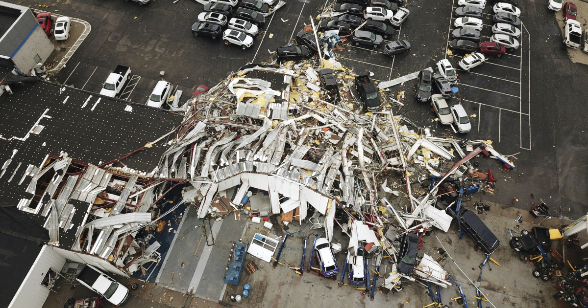 This aerial image shows severe storm damage
