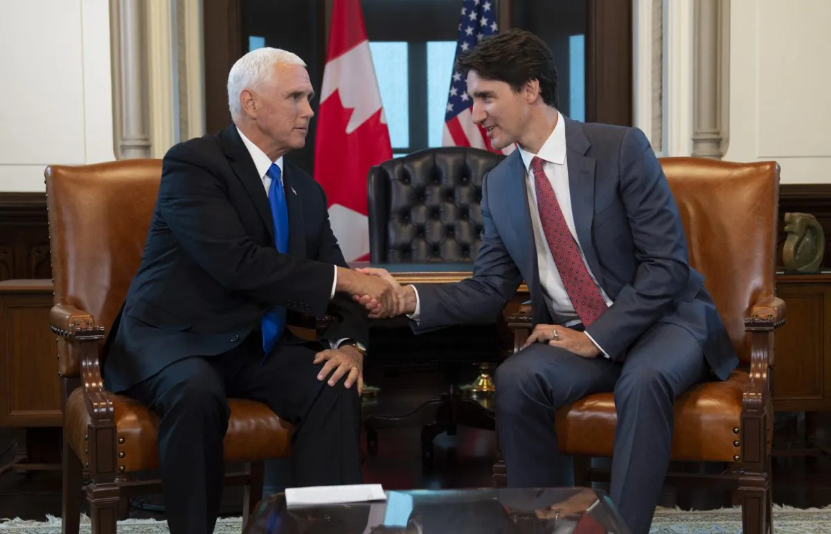 Canadian Prime Minister Justin Trudeau meets with U.S. Vice-President Mike Pence in his office on Parliament Hill in Ottawa on May 30, 2019. (Adrian Wyld/The Canadian Press)
