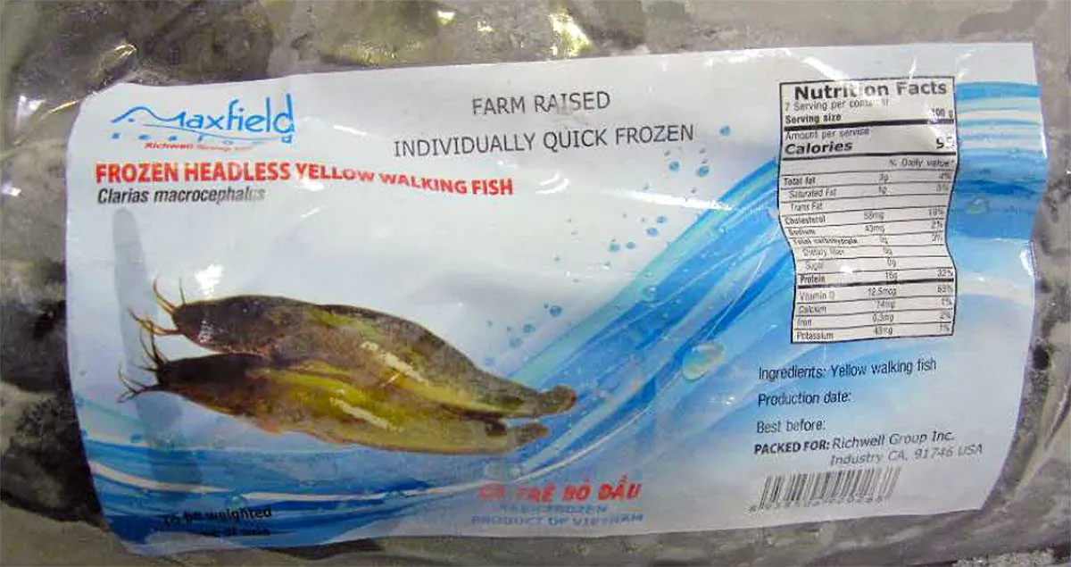A package of Maxifield Seafood frozen headless yellow walking fish, which the U.S. Department of Agriculture’s Food Safety and Inspection Service has recalled. (Courtesy of U.S. Department of Agriculture)