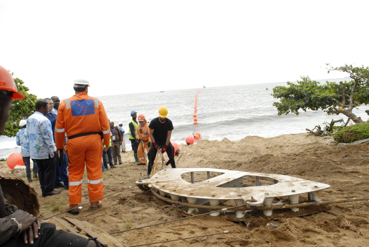 Work by Huawei Marine on the 6,000 km-long South Atlantic Inter Link (SAIL) cable system linking Cameroon and Brazil, in this undated photo. (Amindeh Blaise Atabong, Special to The Epoch Times)