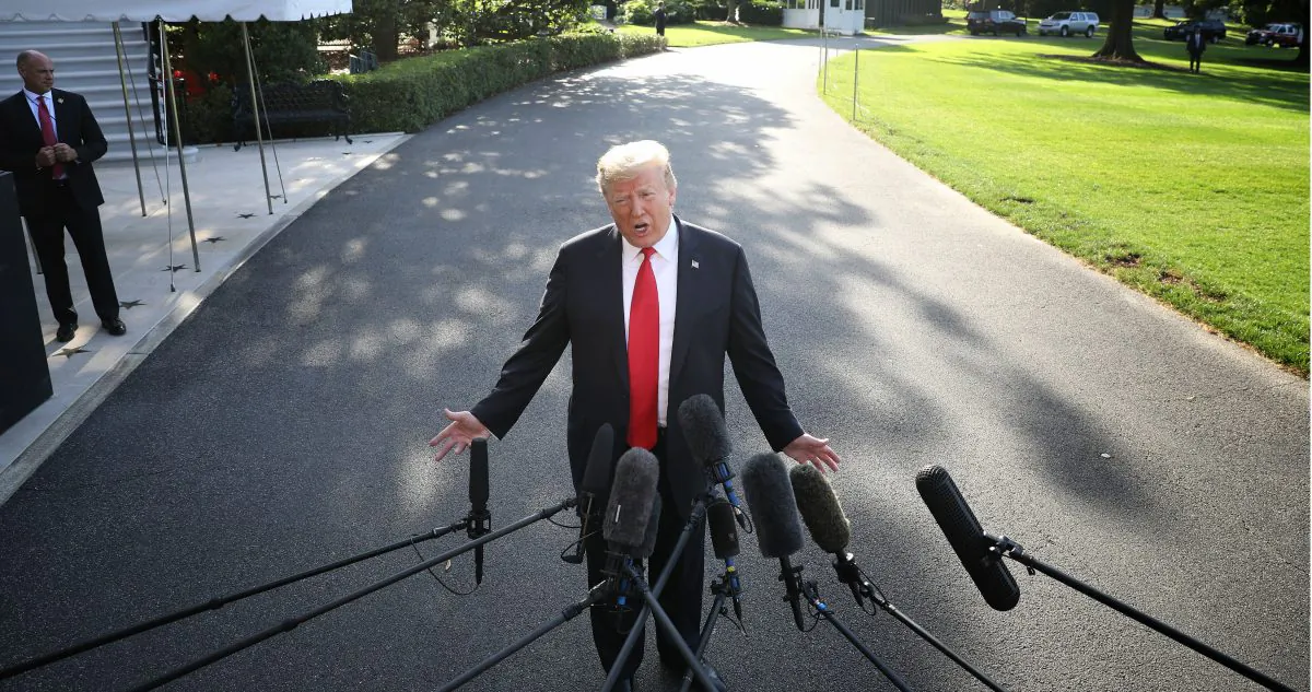 President Donald Trump answers questions on the comments of special counsel Robert Mueller while departing the White House on May 30, 2019. (Win McNamee/Getty Images)