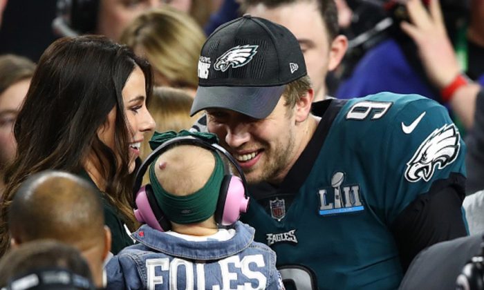 Nick Foles #9 of the Philadelphia Eagles celebrates defeating the New England Patriots 41-33 with his wife Tori Moore in Super Bowl LII at U.S. Bank Stadium in Minneapolis, Minn., on Feb. 4, 2018. (Gregory Shamus/Getty Images)