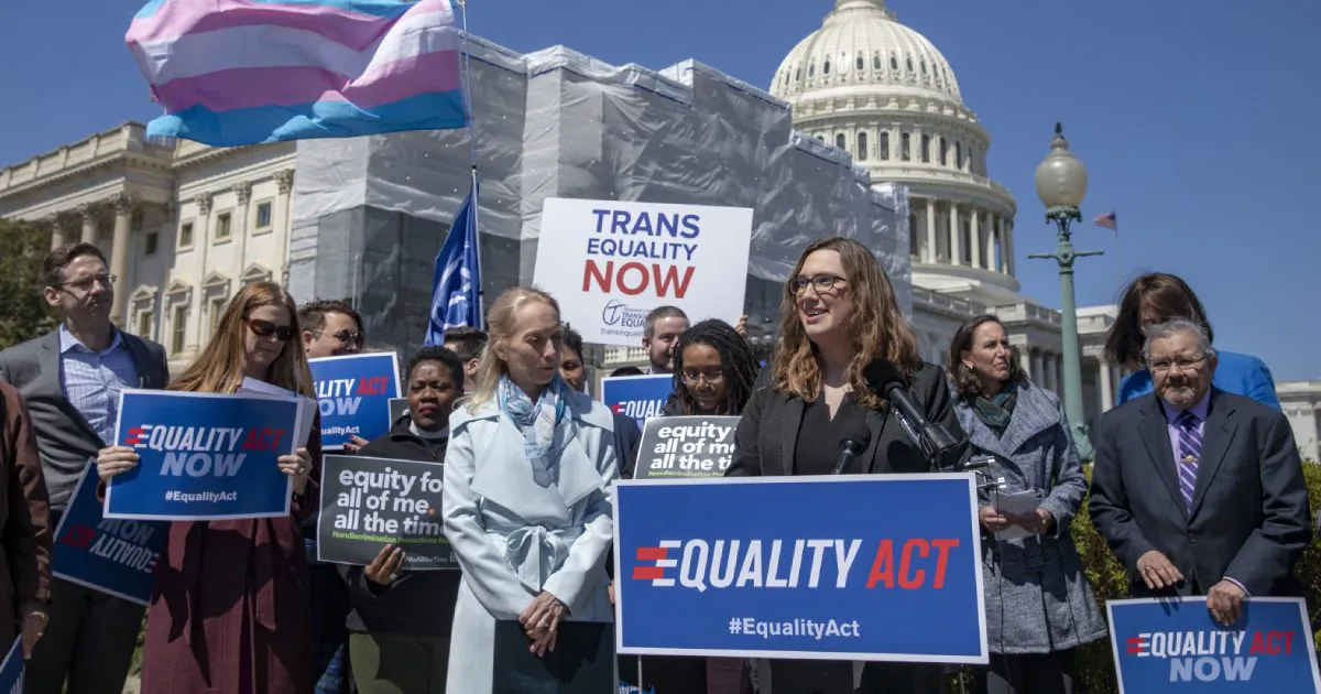 Sarah McBride, National Press secretary of Human Rights Collation speaks on introduction of the Equality Act, a comprehensive LGBTQ non-discrimination bill at the US Capitol in Washington, DC. on April 1, 2019. (Tasos Katopodis/Getty Images)