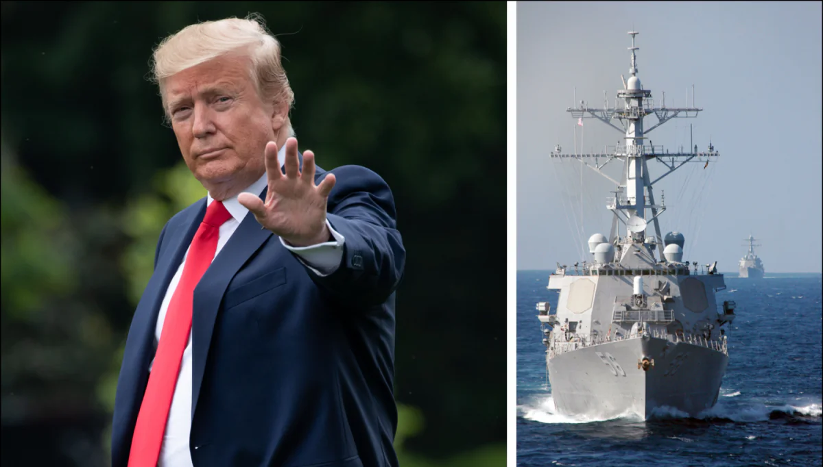 L: President Donald Trump waves as he walks to Marine One prior to departing from the South Lawn of the White House in Washington, DC, May 8, 2019. (Saul Loeb/AFP/Getty Images) R: The guided-missile destroyer USS John S. McCain (DDG 56) in the Pacific Ocean on Oct. 18, 2006. (Seaman Stephen W. Rowe/U.S. Navy via Getty Images)