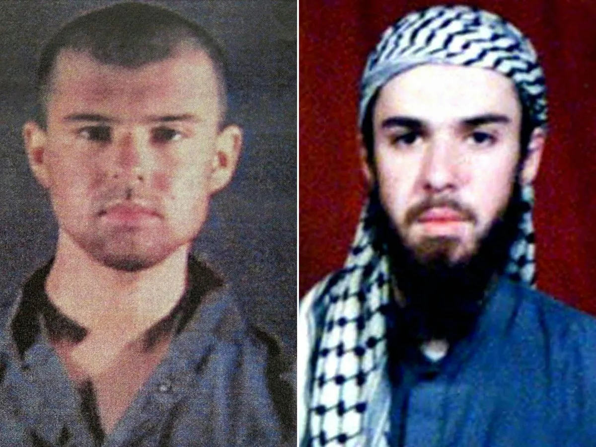 This combination of pictures created on April 17, 2019, shows at left a police file photo made available Feb. 6, 2002, of the "American Taliban" John Walker Lindh and at right a Feb. 11, 2002, photograph of him as seen from the records of the Arabia Hassani Kalan Surani Bannu madrassa (religious school) in Pakistan's northwestern city of Bannu. TARIQ MAHMOOD,---/AFP/Getty Images
